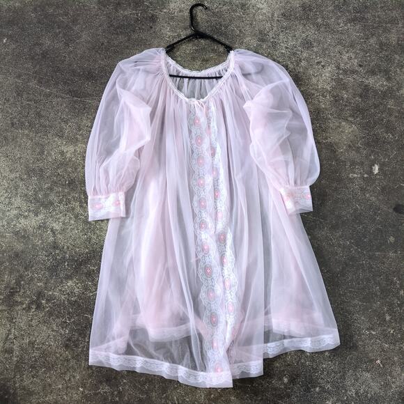 Vintage 60s Miss Elaine Pink Chiffon Peignoir Set Robe & Gown - Picture 4 of 8